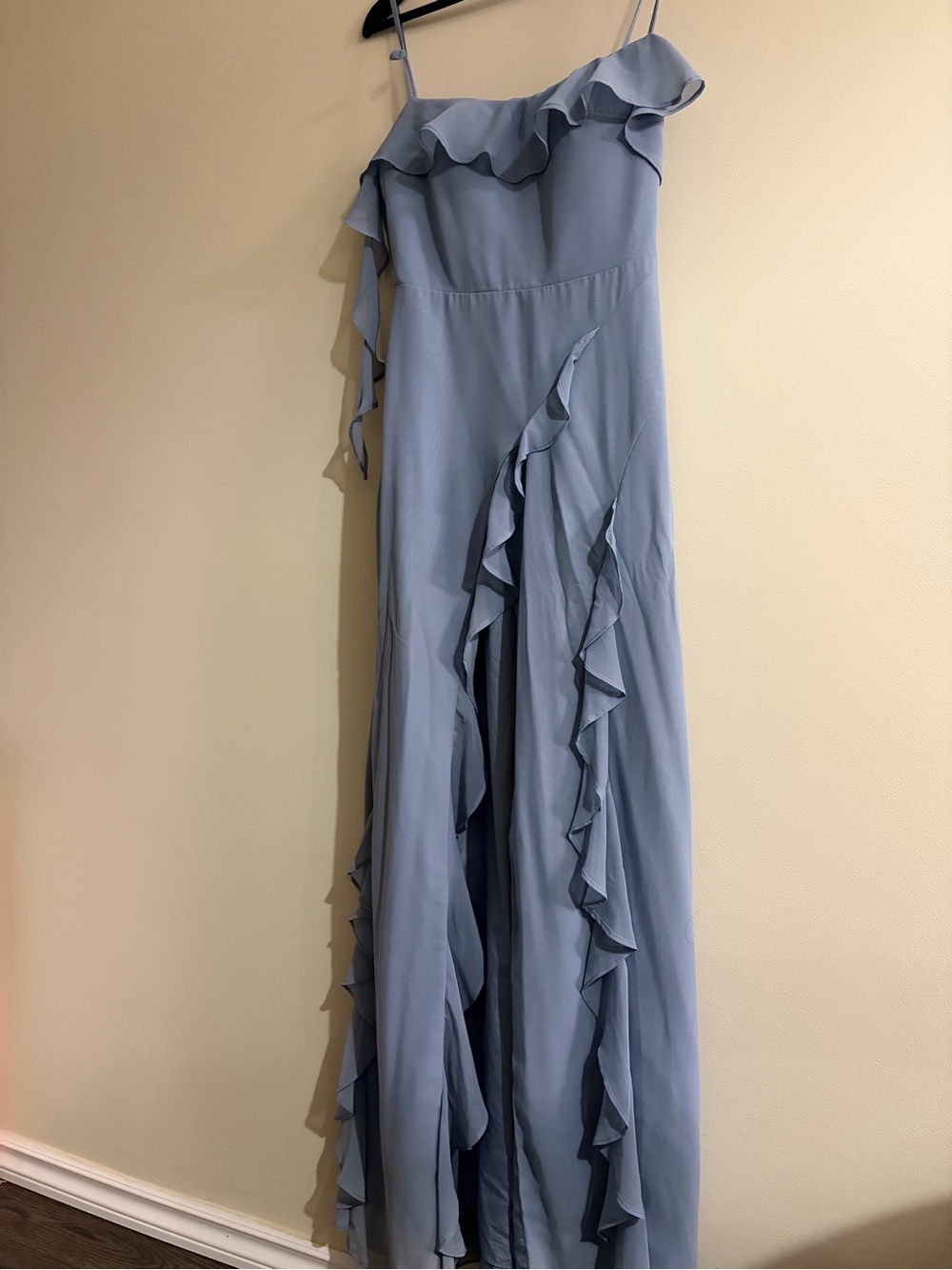 Azazie One-Shoulder Ruffle Maxi Dress in Dusty Blue